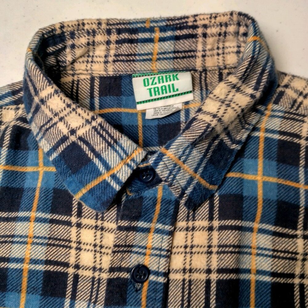 Vitage Ozark Trail Flannel Shirt Men Medium Blue Yellow Plaid Clssic Work Grunge - Picture 15 of 15